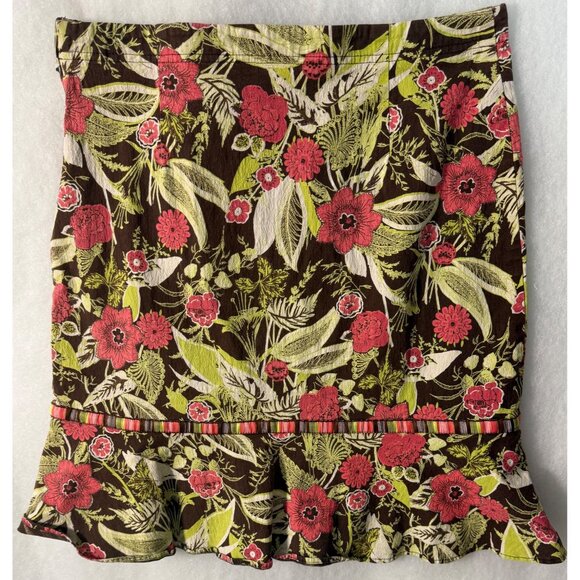 Windridge Floral Ruffle Hem Skirt M Brown Coral Green Floral Print Comfy Feminin - Picture 4 of 8